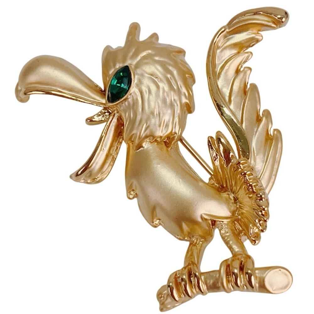 Vintage Gold Tone Bird Brooch Green Rhinestone Eye Figural Whimsical Quirky Pin